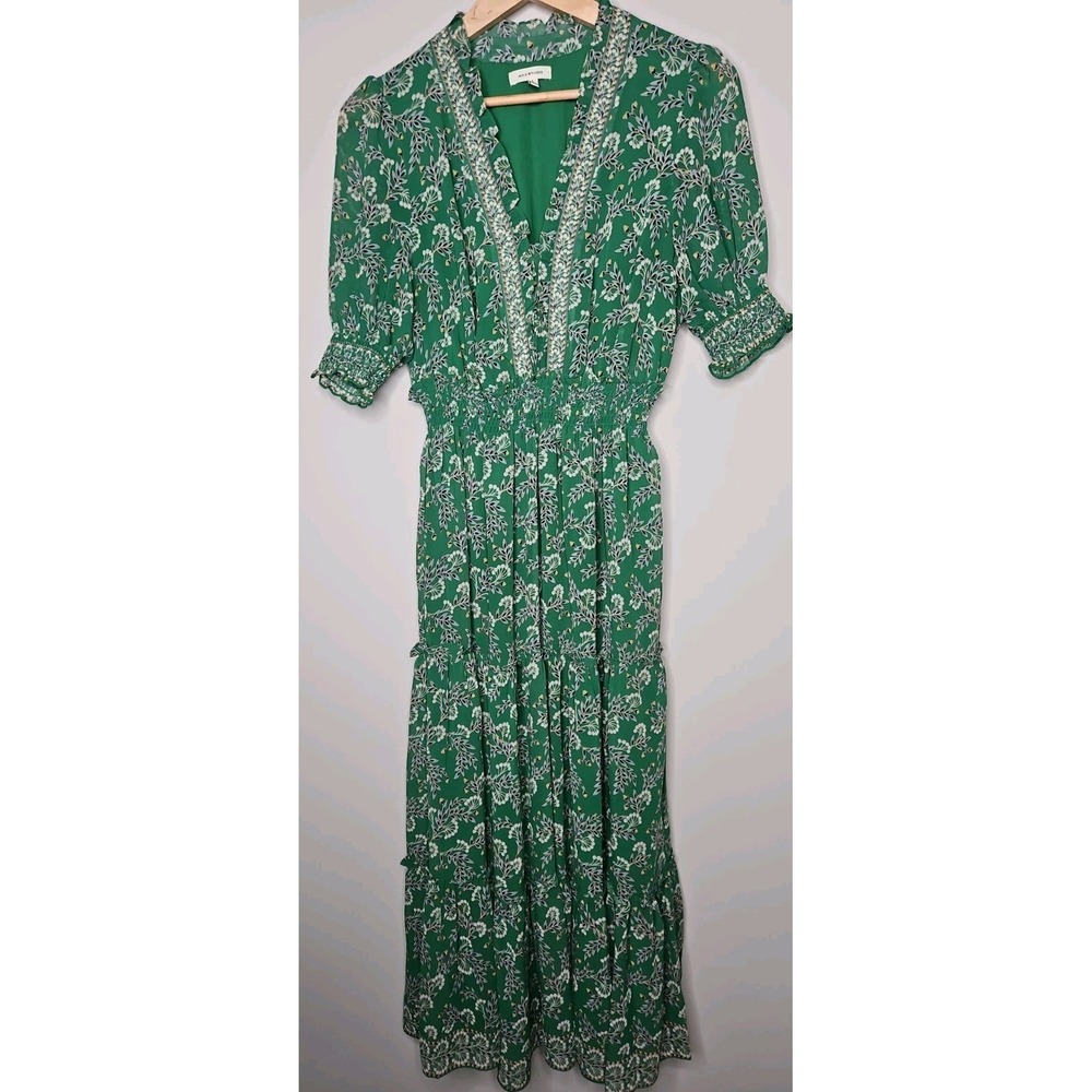 Max Studio Maxi Dress L Green Floral Ruffle Smocked Tiered Boho Prairie Cottage